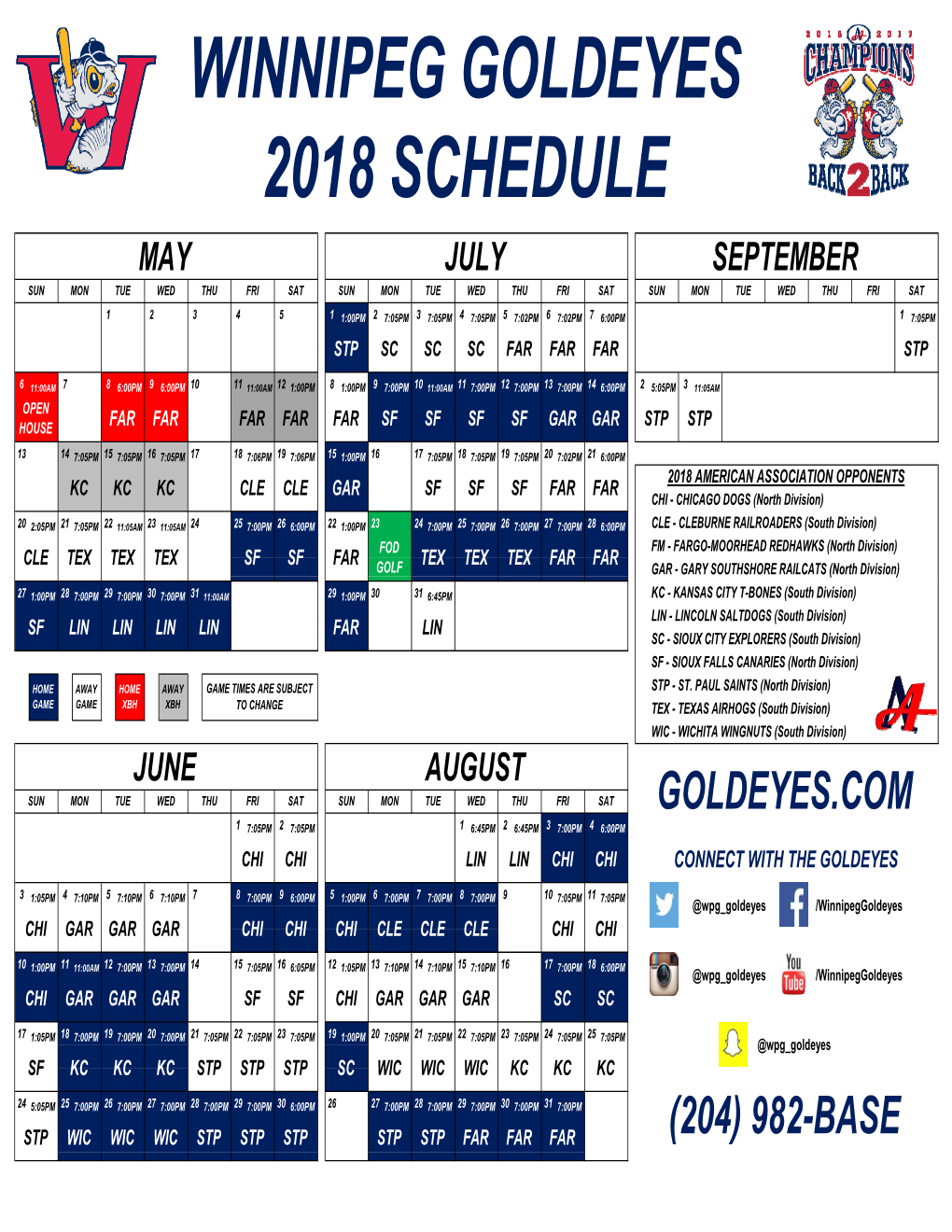 2018 Winnipeg Goldeyes Schedule