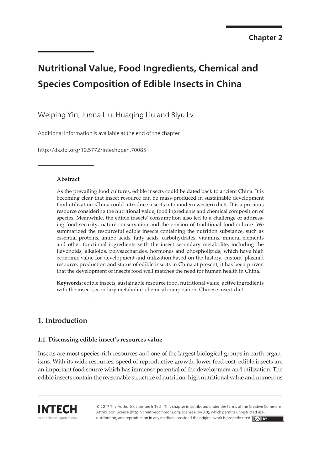 Nutritional Value, Food Ingredients, Chemical and Species Composition of Edible Insects in China 29