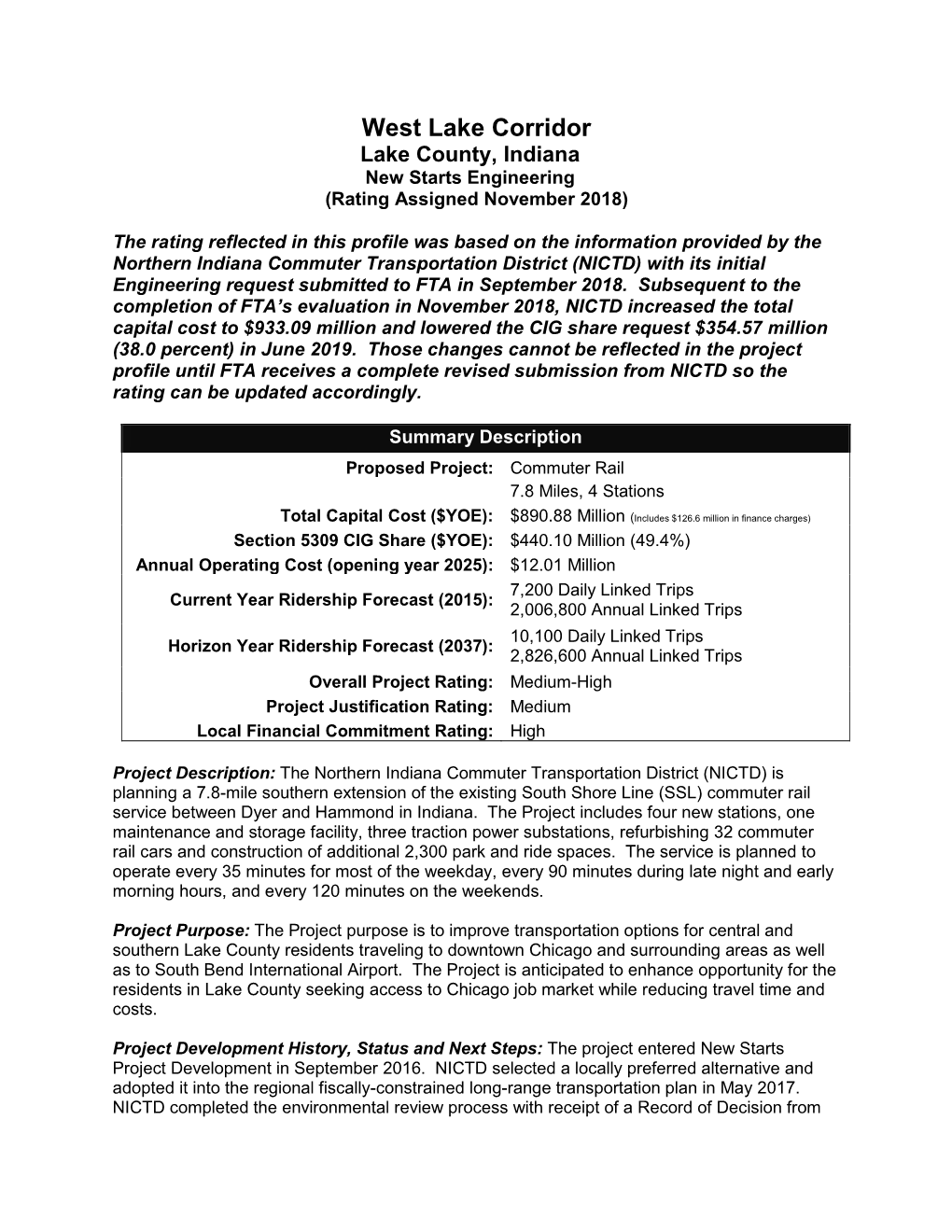 West Lake Corridor Lake County, Indiana New Starts Engineering (Rating Assigned November 2018)