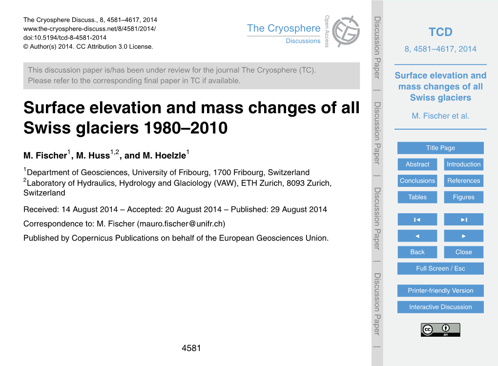 Surface Elevation and Mass Changes of All Swiss Glaciers