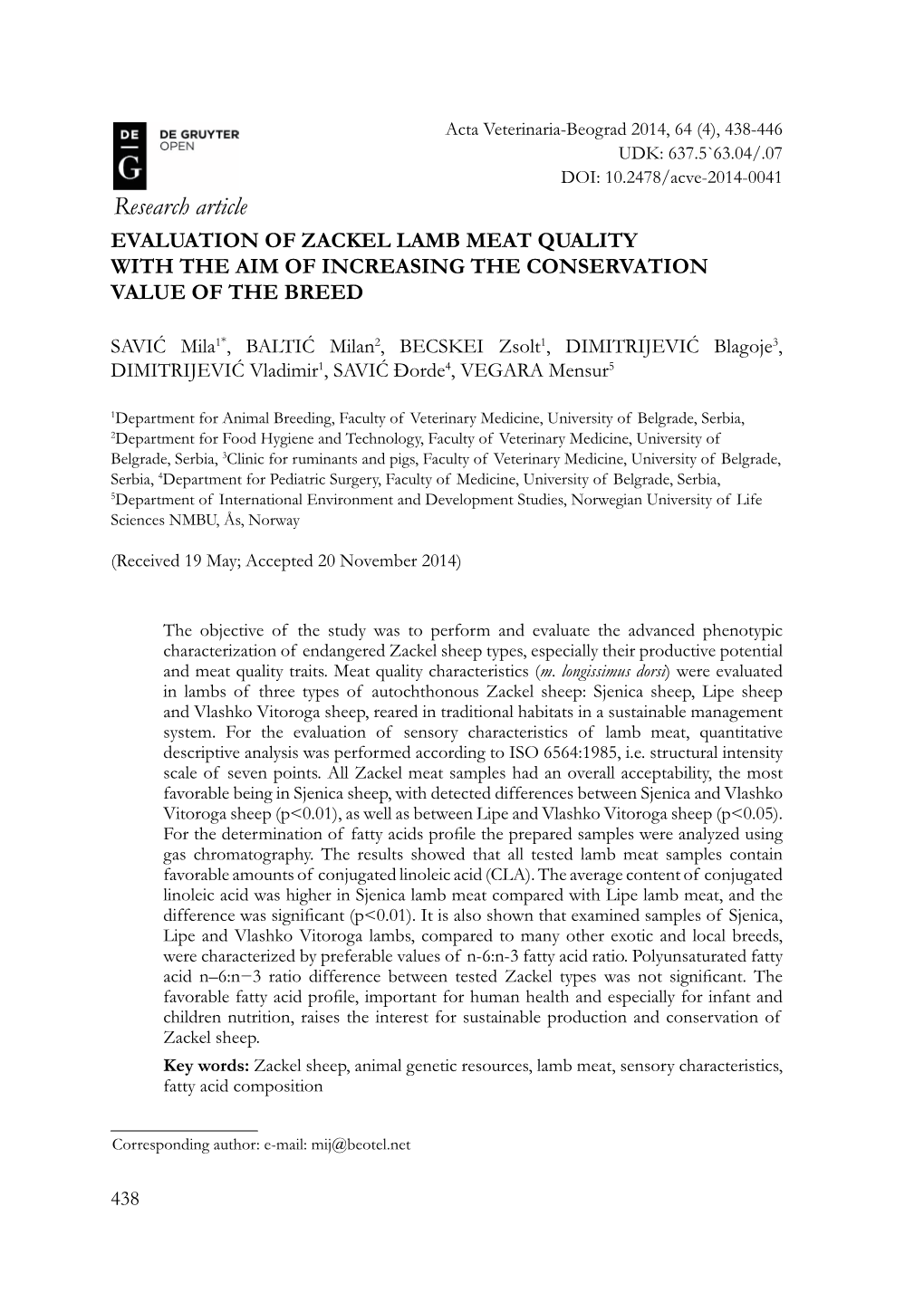 Research Article EVALUATION of ZACKEL LAMB MEAT QUALITY with the AIM of INCREASING the CONSERVATION VALUE of the BREED