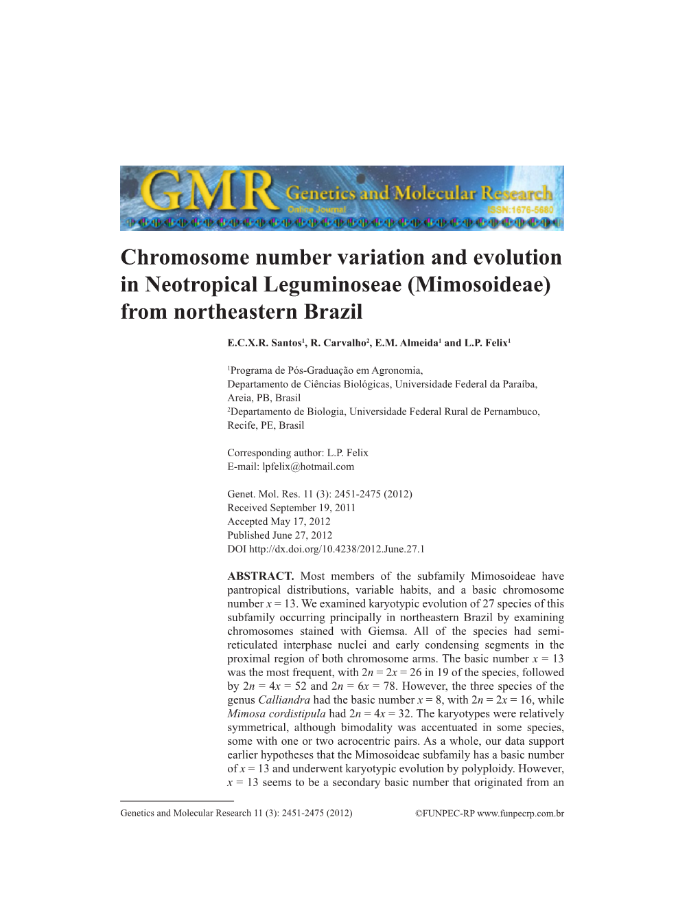 Chromosome Number Variation and Evolution in Neotropical Leguminoseae (Mimosoideae) from Northeastern Brazil