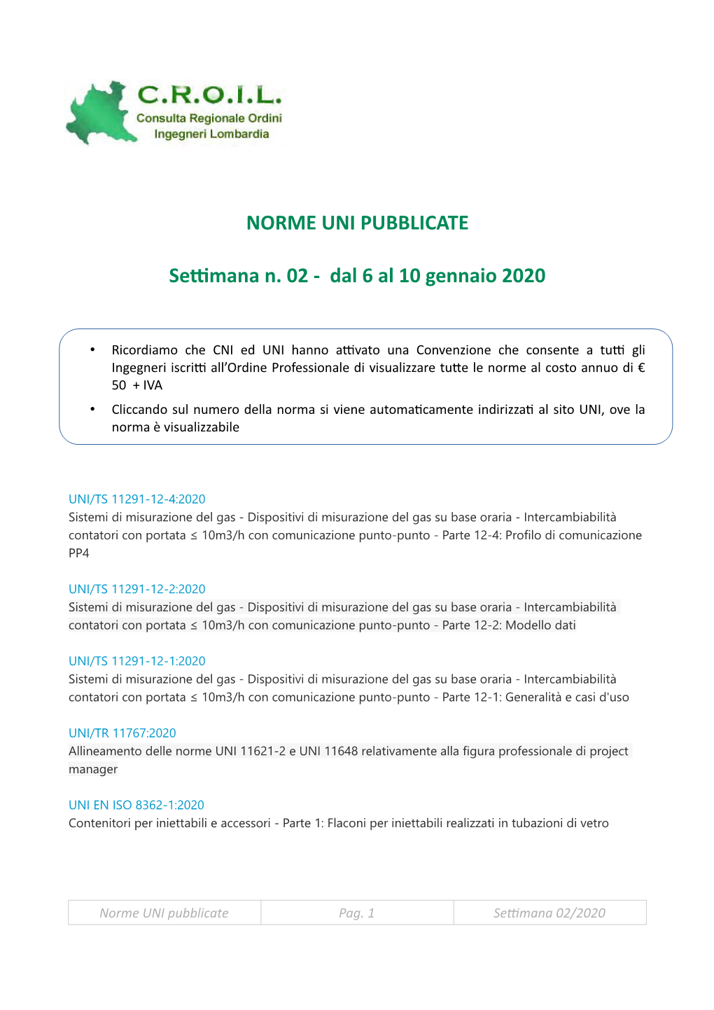 NORME UNI PUBBLICATE Settimana N. 02