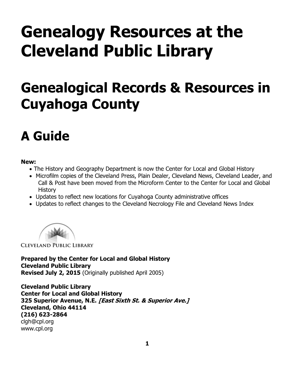 Genealogy Resources at the Cleveland Public Library