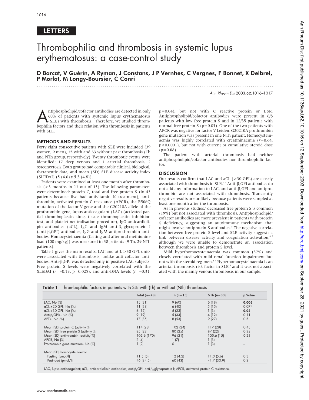 Thrombophilia and Thrombosis in Systemic Lupus Erythematosus: a Case-Control Study