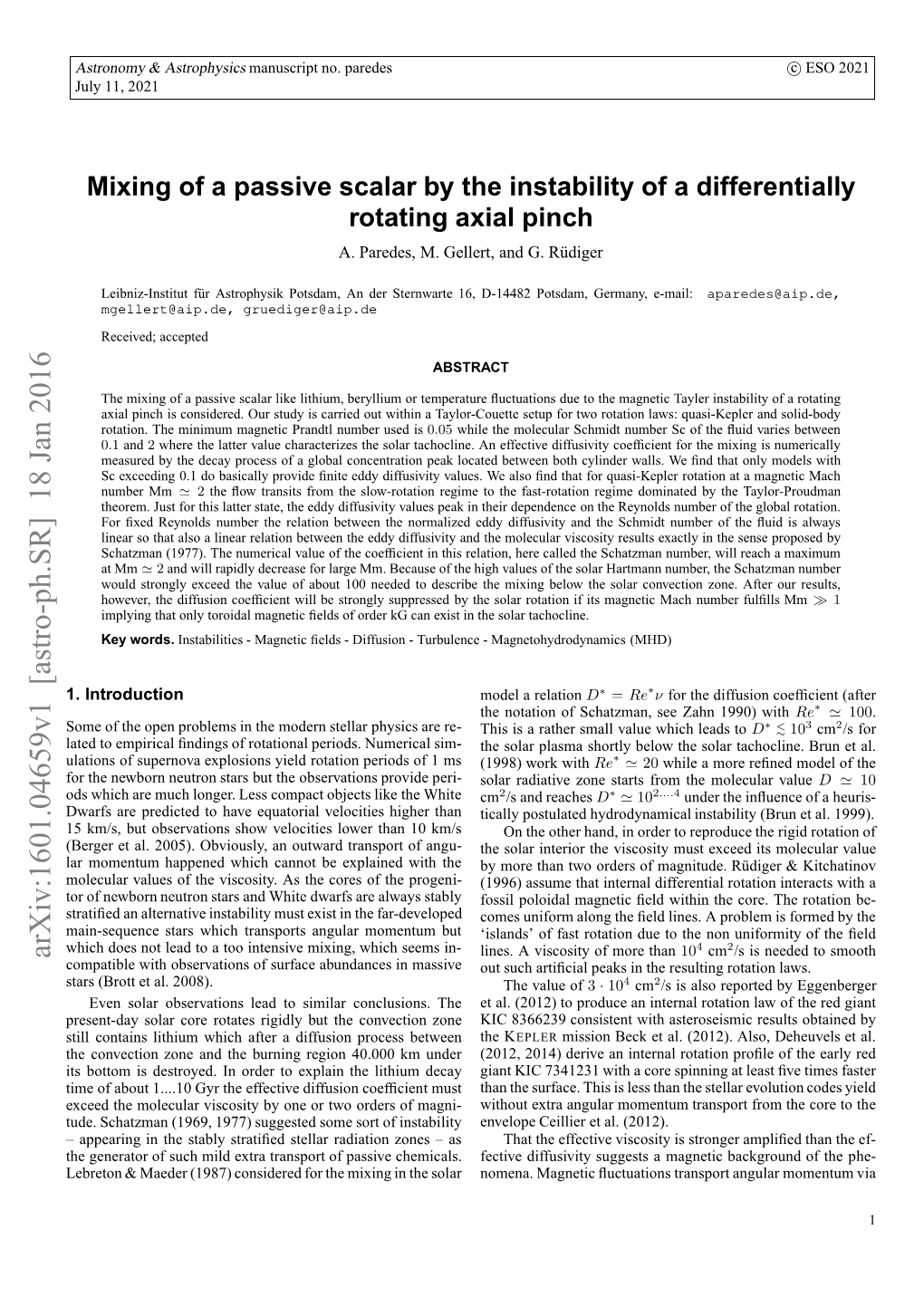 Mixing of a Passive Scalar by the Instability of a Differentially Rotating Axial Pinch