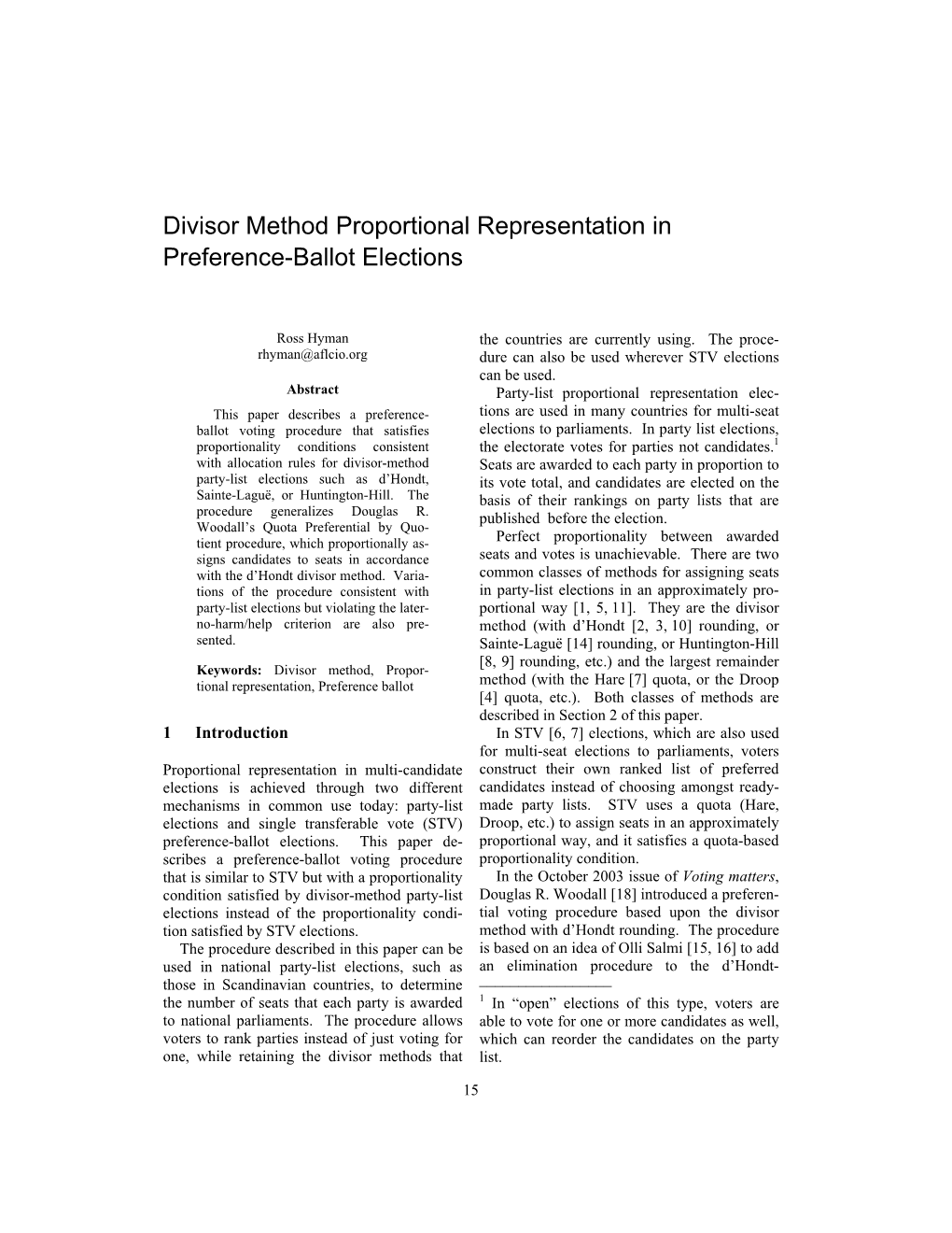 Divisor Method Proportional Representation in Preference-Ballot Elections