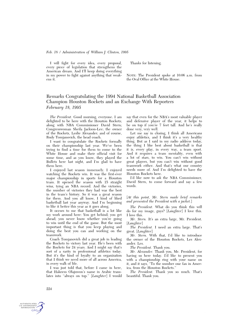 Remarks Congratulating the 1994 National Basketball Association Champion Houston Rockets and an Exchange with Reporters February 18, 1995