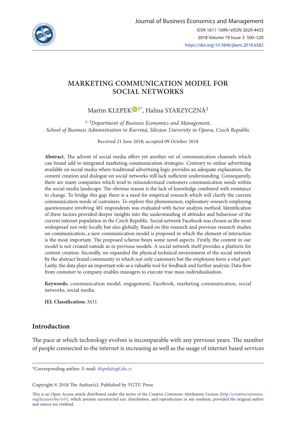 Marketing Communication Model for Social Networks