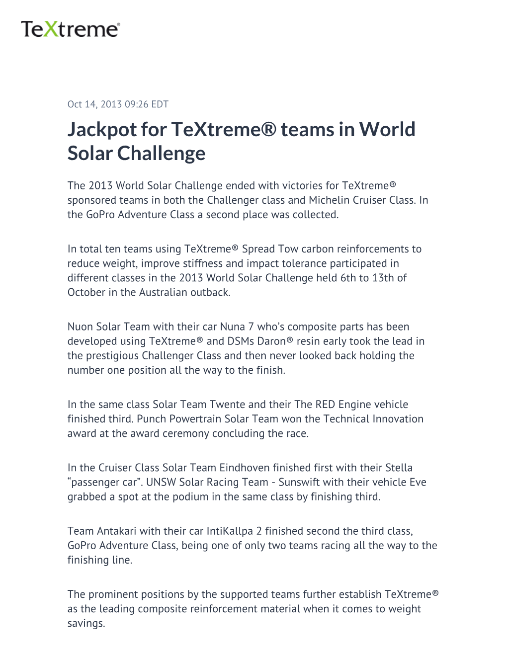 Jackpot for Textreme® Teams in World Solar Challenge