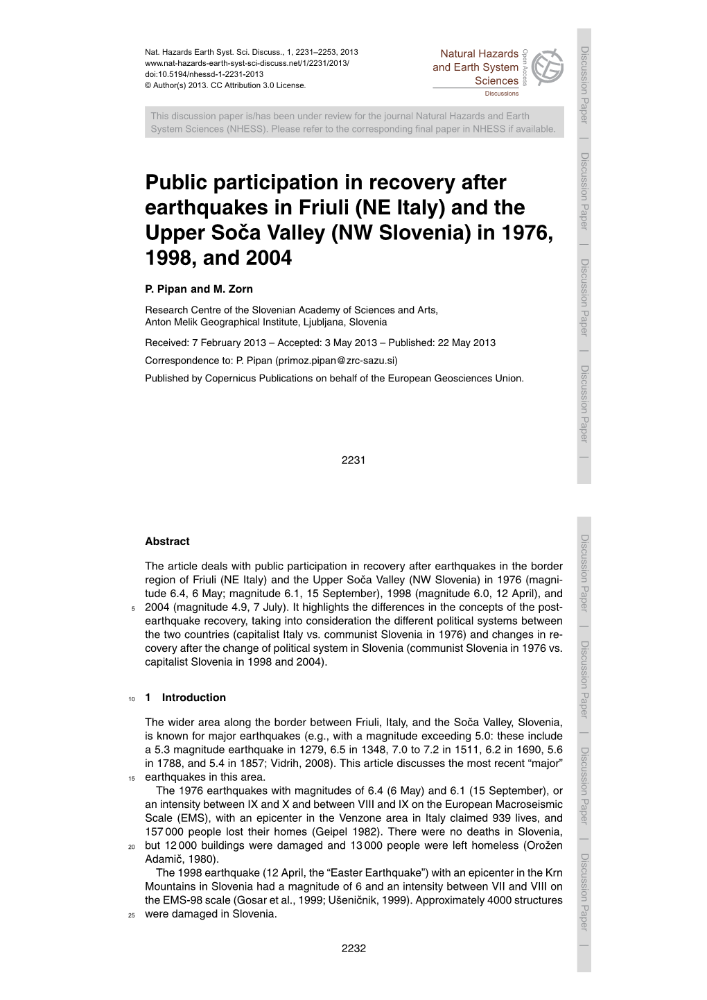 Public Participation in Recovery After Earthquakes in Friuli (NE Italy) And