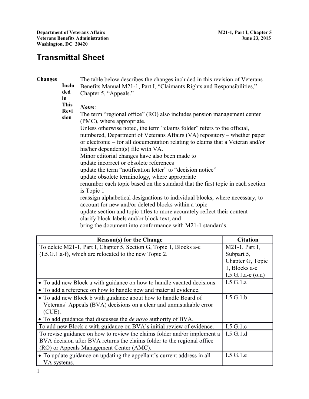 Department of Veterans Affairs M21-1, Part I, Chapter 5