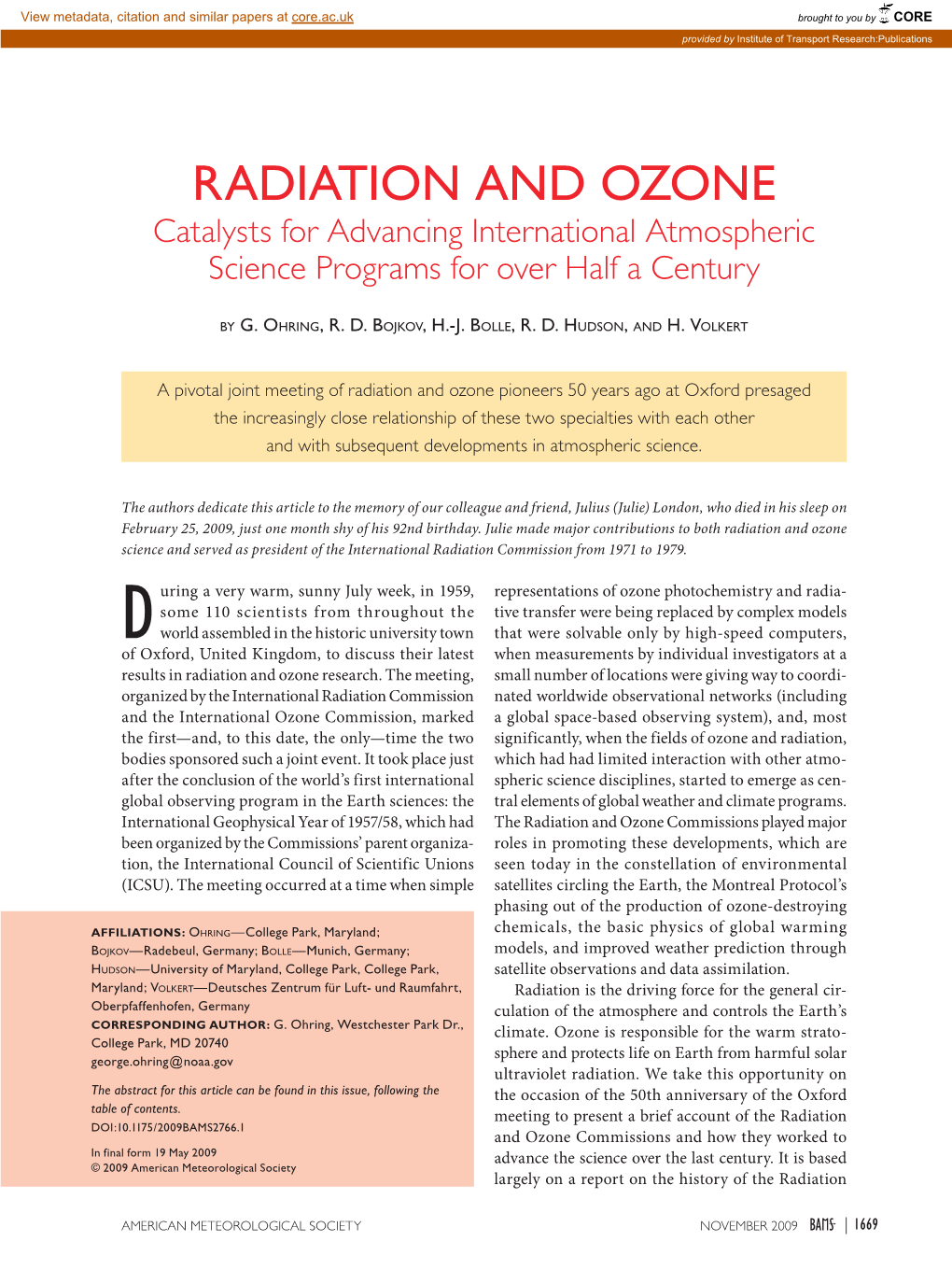 RADIATION and OZONE Catalysts for Advancing International Atmospheric Science Programs for Over Half a Century