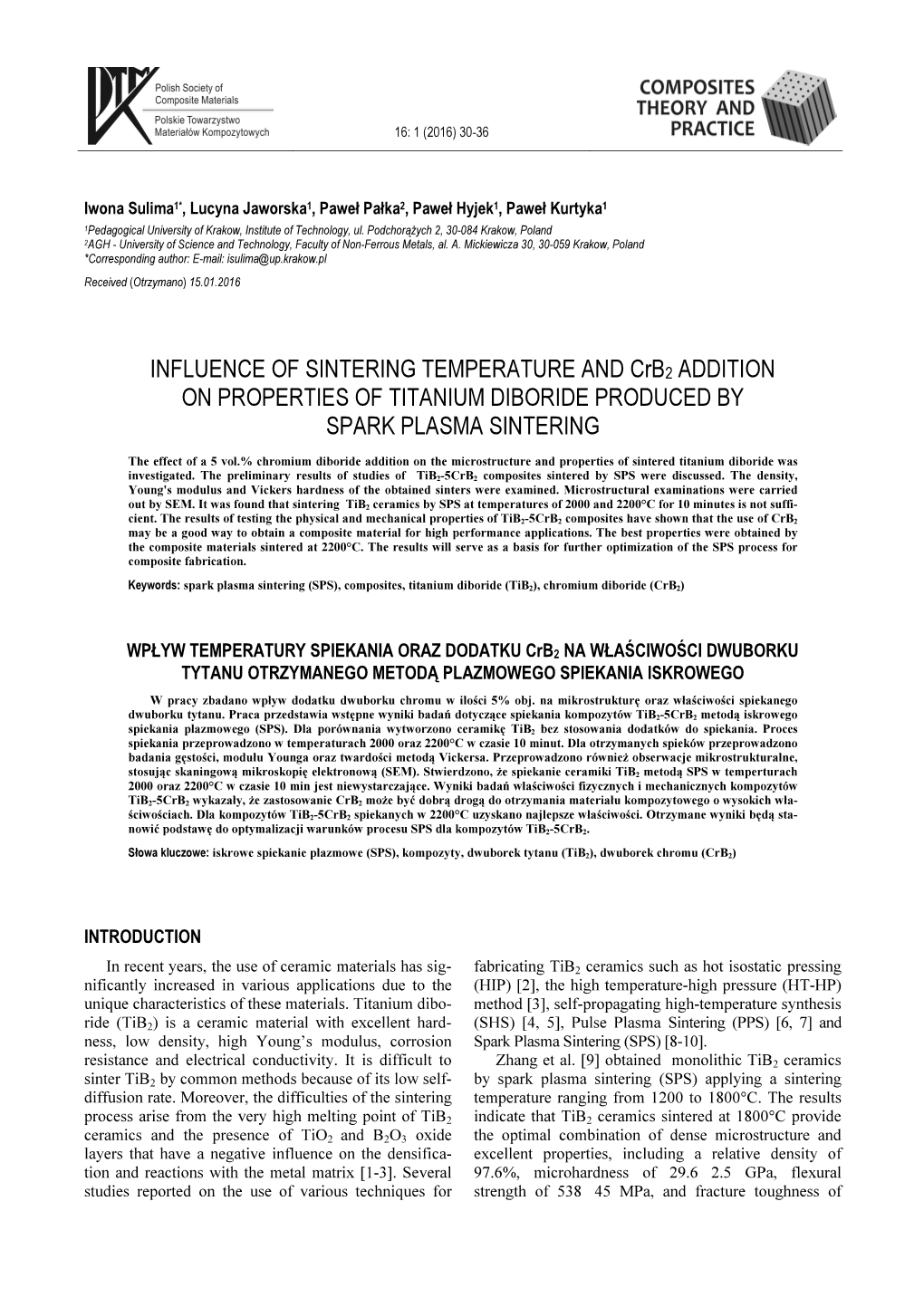 INFLUENCE of SINTERING TEMPERATURE and Crb2 ADDITION on PROPERTIES of TITANIUM DIBORIDE PRODUCED by SPARK PLASMA SINTERING