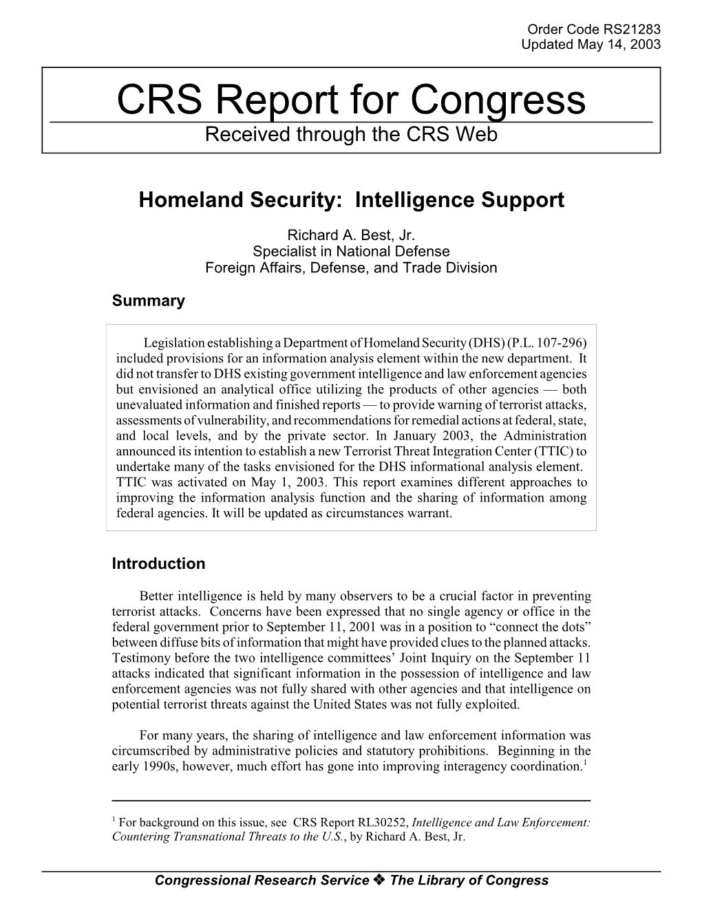 Homeland Security: Intelligence Support