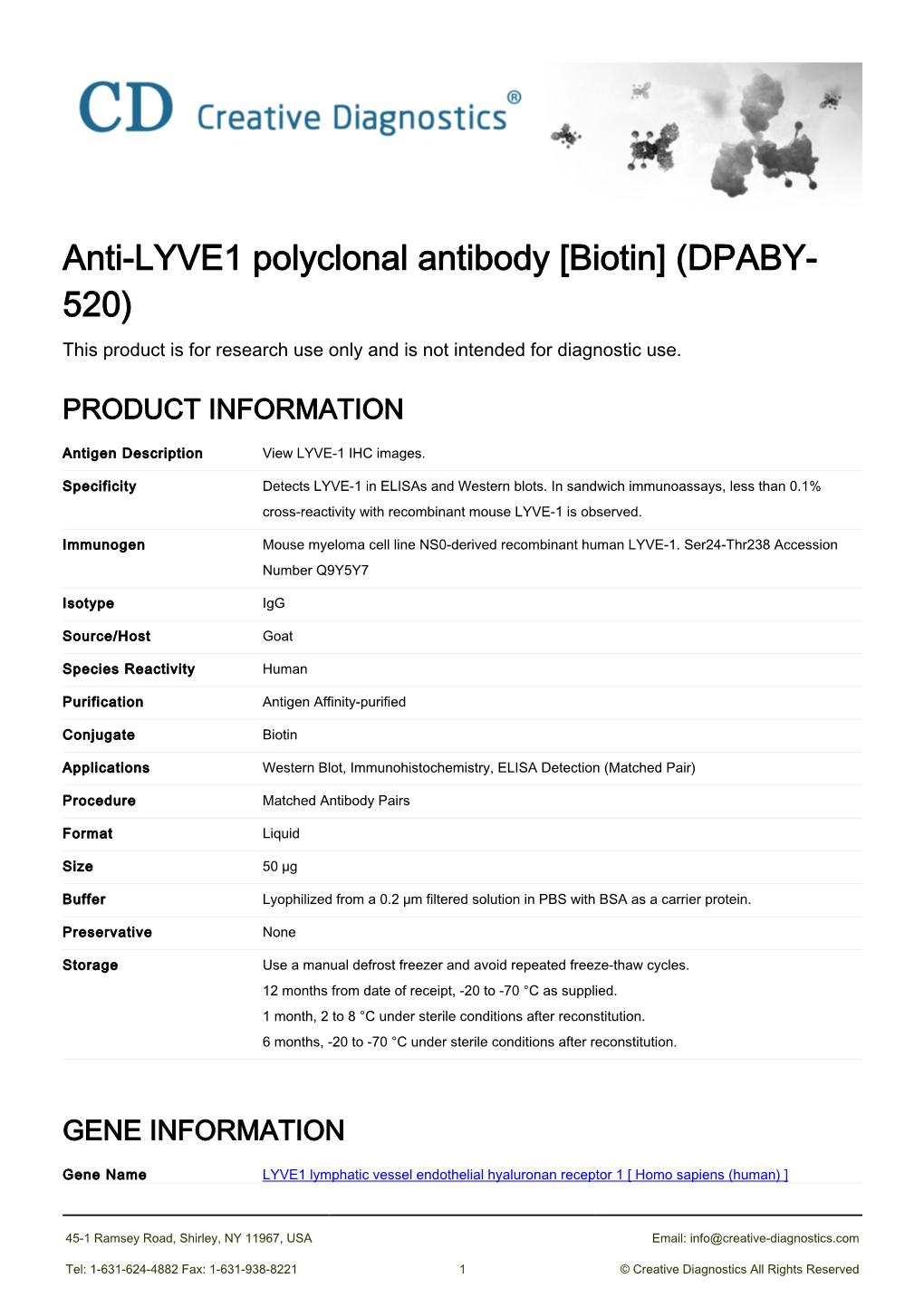 Anti-LYVE1 Polyclonal Antibody [Biotin] (DPABY- 520) This Product Is for Research Use Only and Is Not Intended for Diagnostic Use