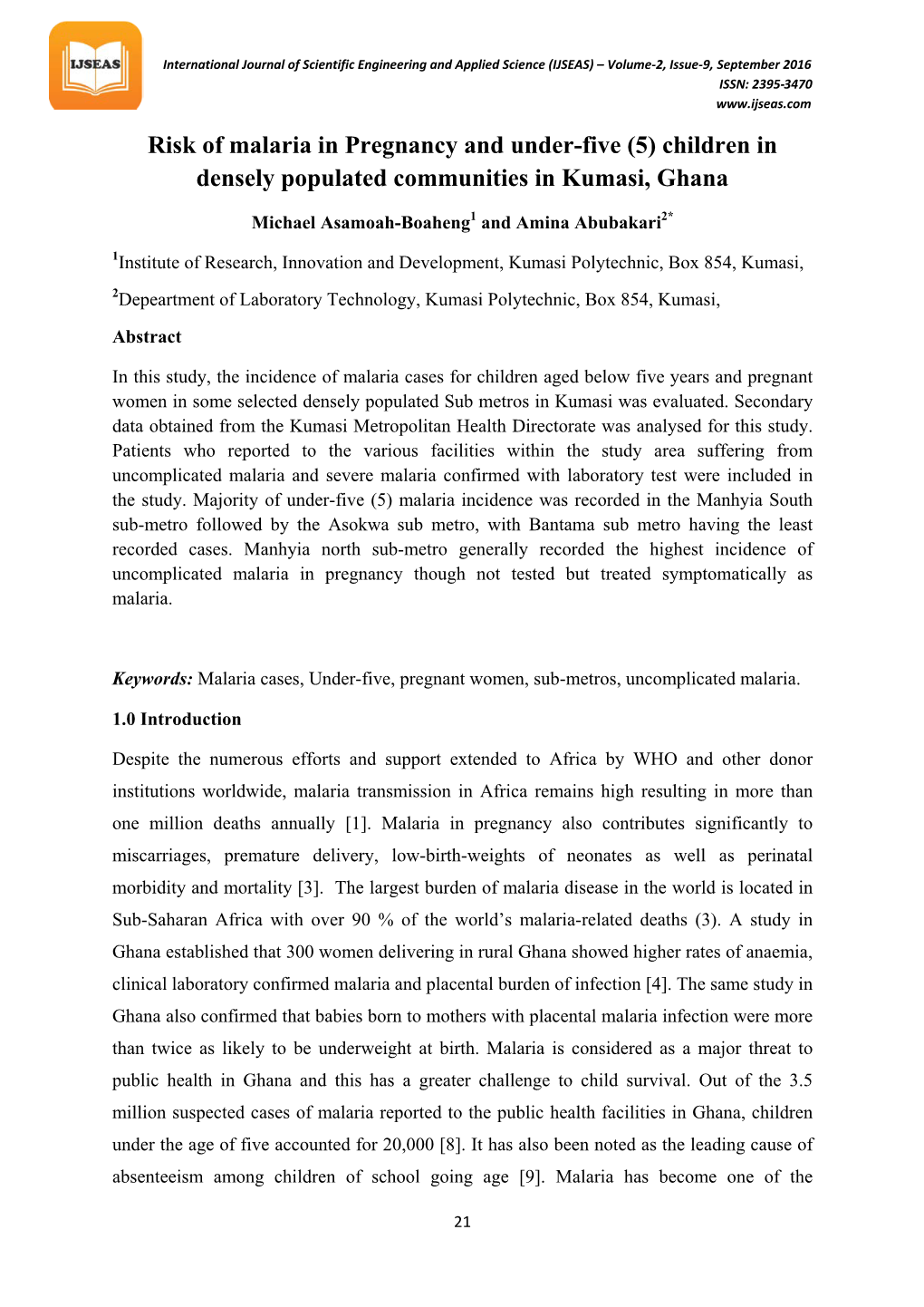 Risk of Malaria in Pregnancy and Under-Five (5) Children in Densely Populated Communities in Kumasi, Ghana