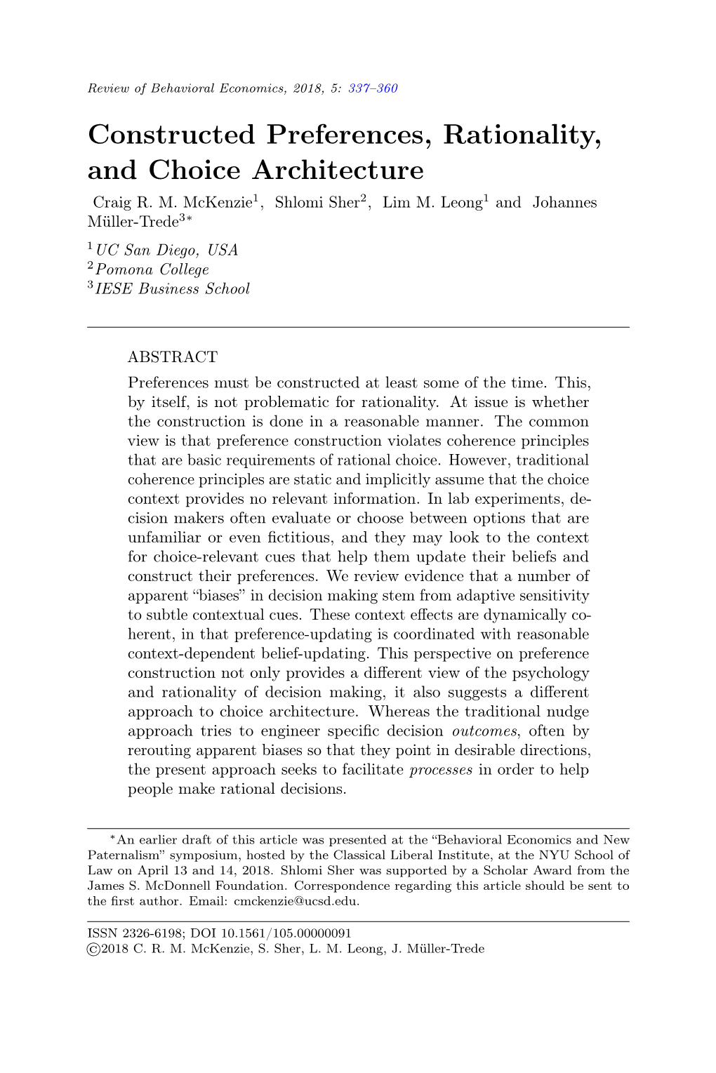 Constructed Preferences, Rationality, and Choice Architecture Craig R