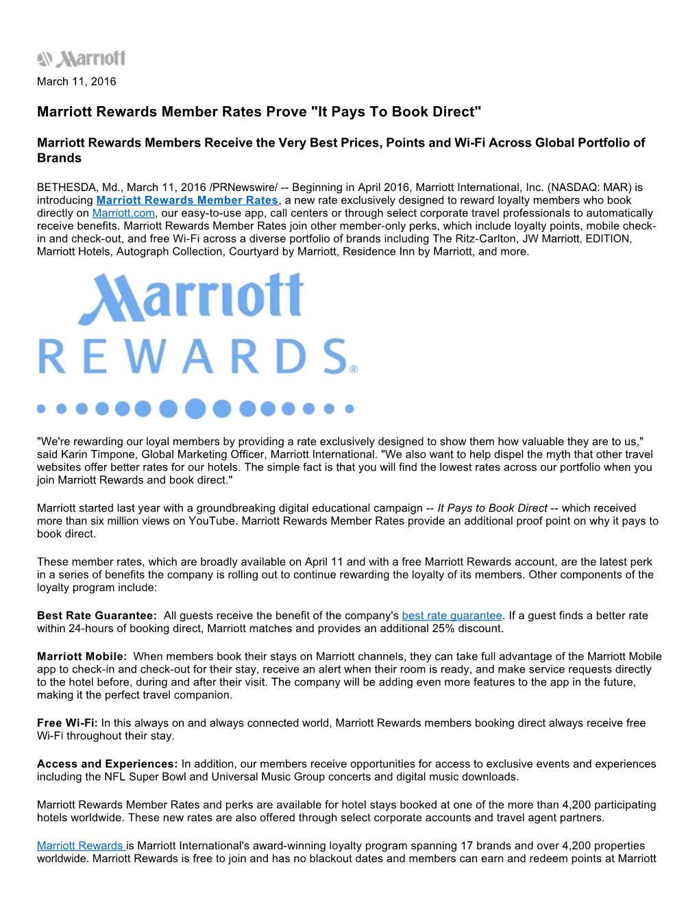 Marriott Rewards Member Rates Prove "It Pays to Book Direct"