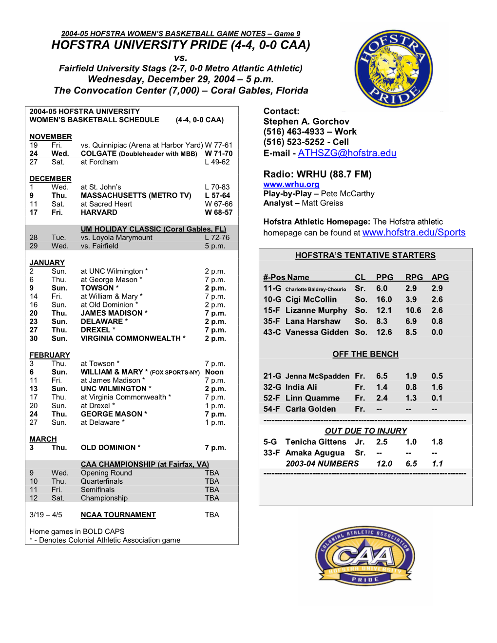 HOFSTRA UNIVERSITY PRIDE (4-4, 0-0 CAA) Vs