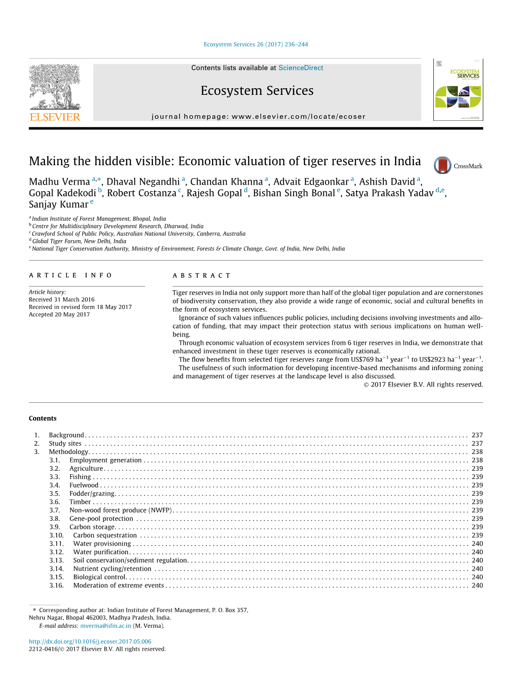 Economic Valuation of Tiger Reserves in India