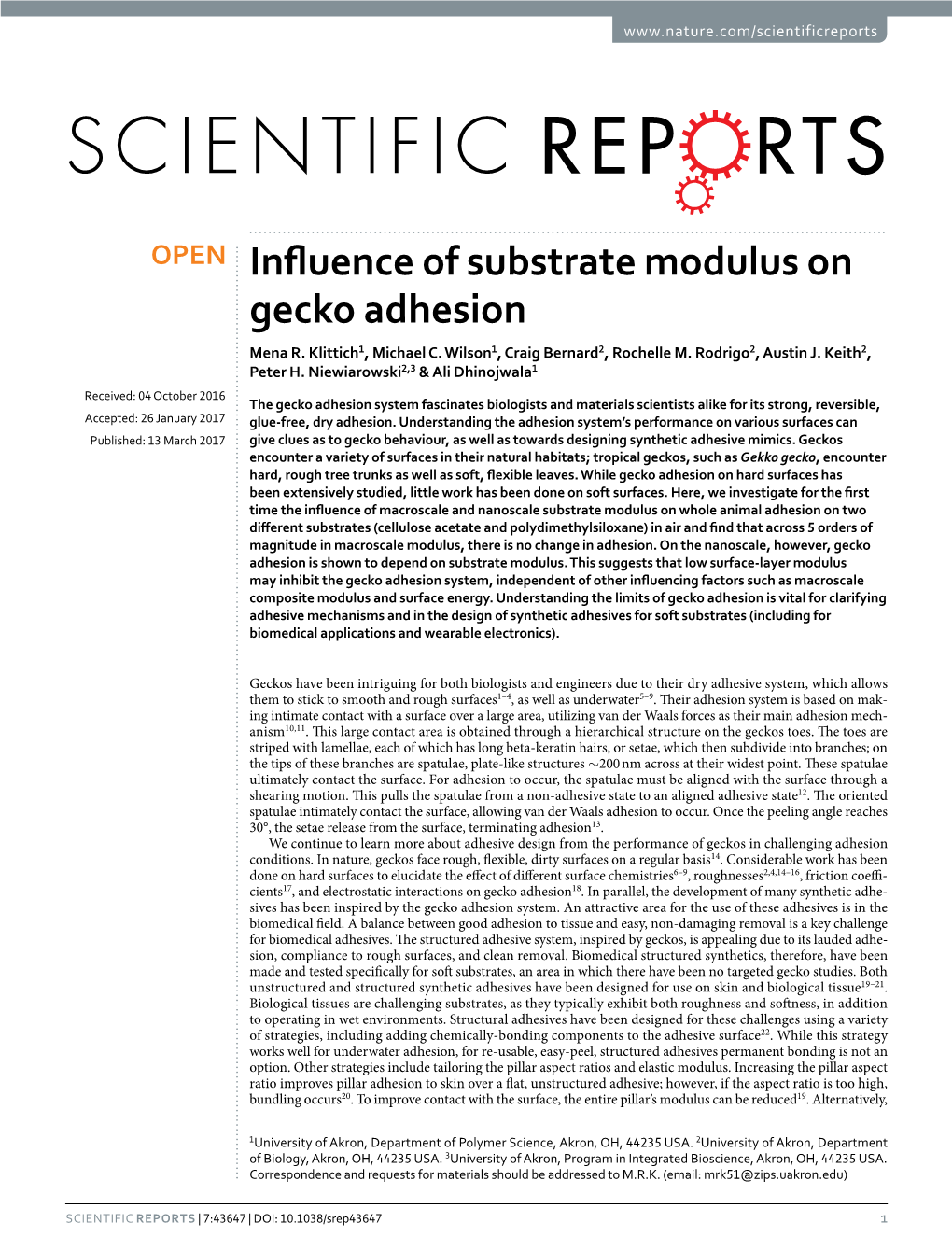 Influence of Substrate Modulus on Gecko Adhesion Mena R