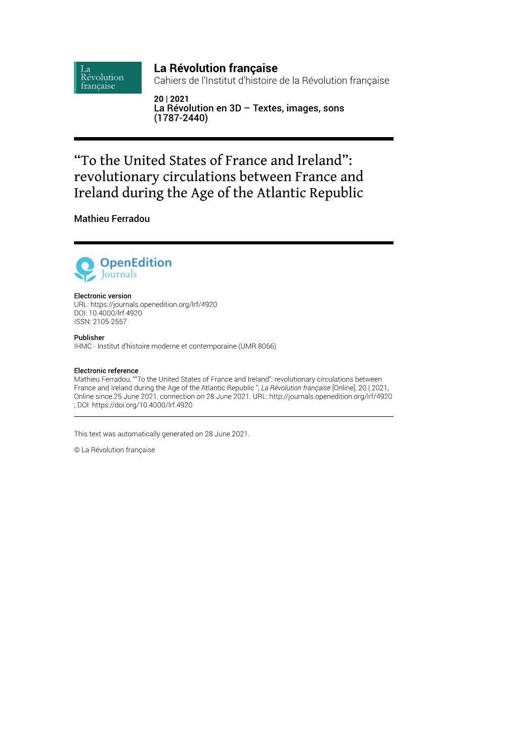 La Révolution Française, 20 | 2021 “To the United States of France and Ireland”: Revolutionary Circulations Betw