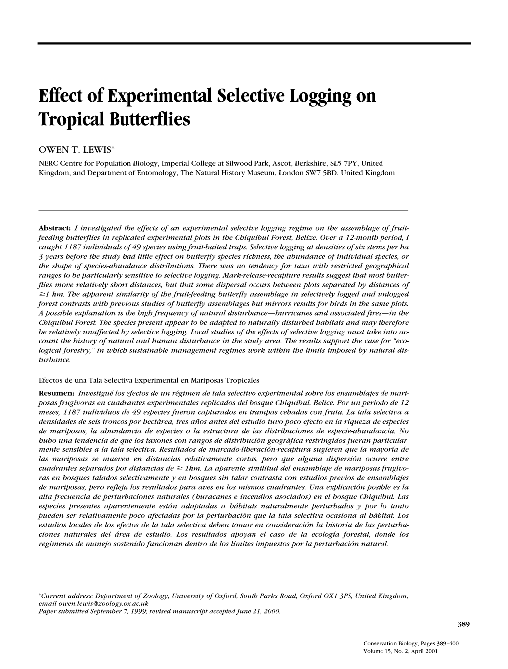 Effect of Experimental Selective Logging on Tropical Butterflies