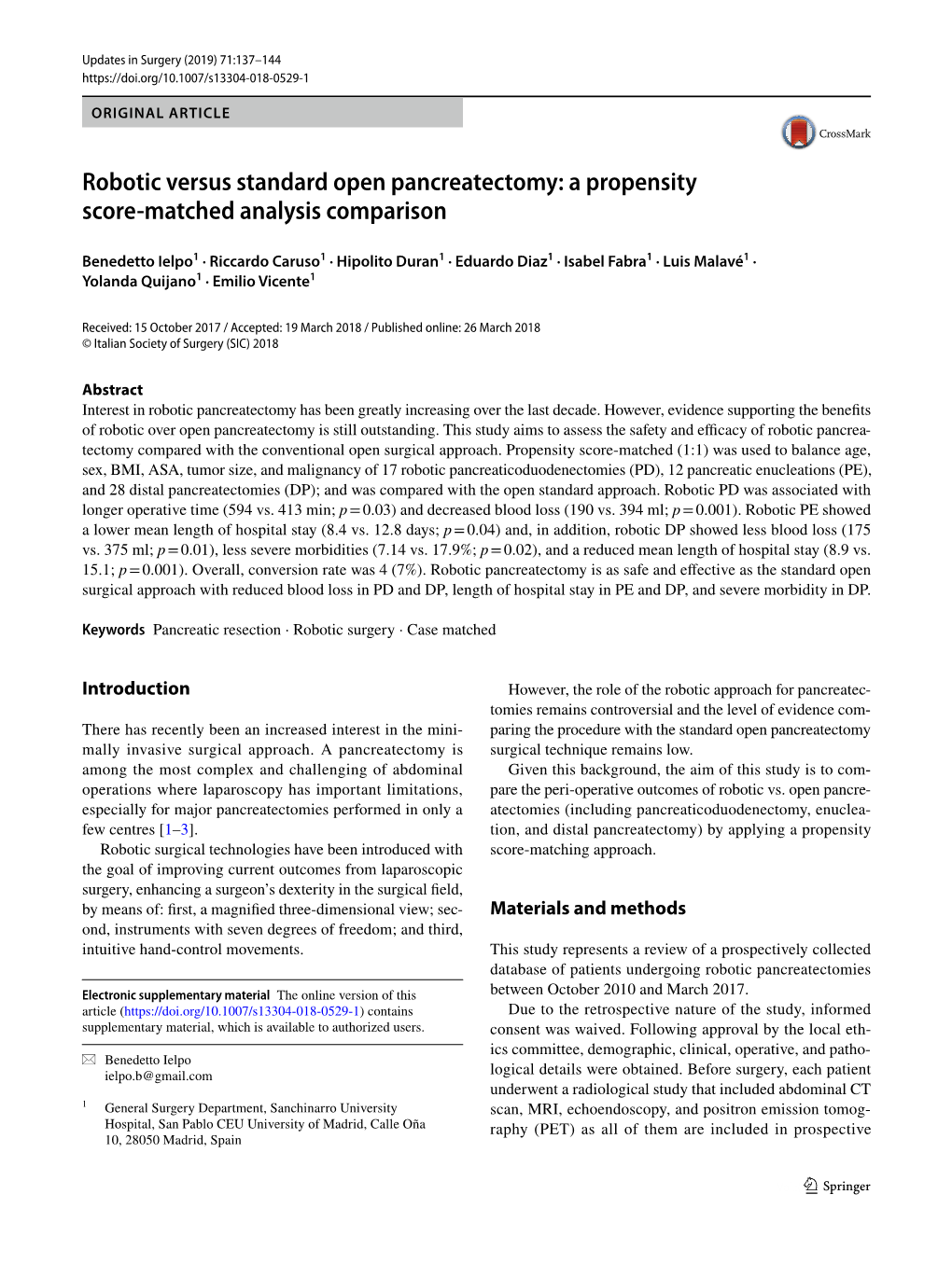 Robotic Versus Standard Open Pancreatectomy: a Propensity Score‑Matched Analysis Comparison