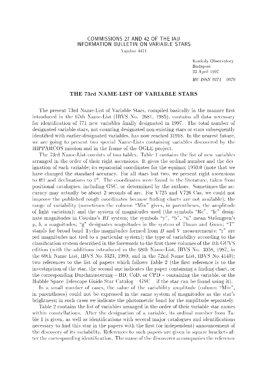 THE 73Rd NAME-LIST of VARIABLE STARS