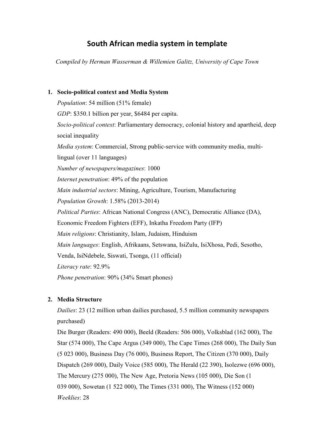 South African Media System in Template