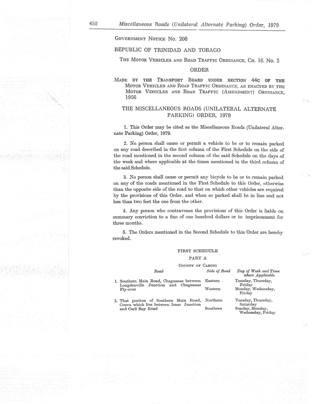 450 Miscellaneous .Roads (Unilateral Alternate Parking) Order, 1979 1956