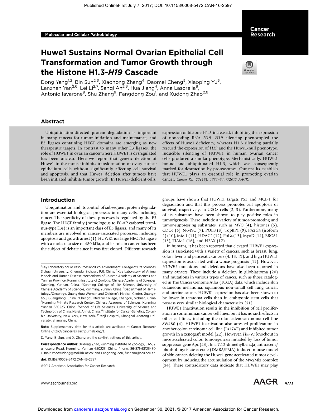 Huwe1 Sustains Normal Ovarian Epithelial Cell Transformation And