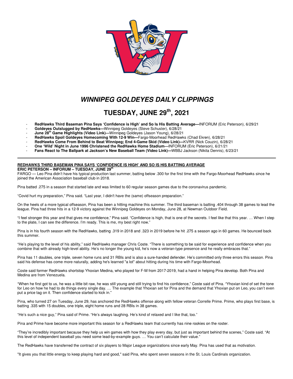 Winnipeg Goldeyes Daily Clippings Tuesday, June 29