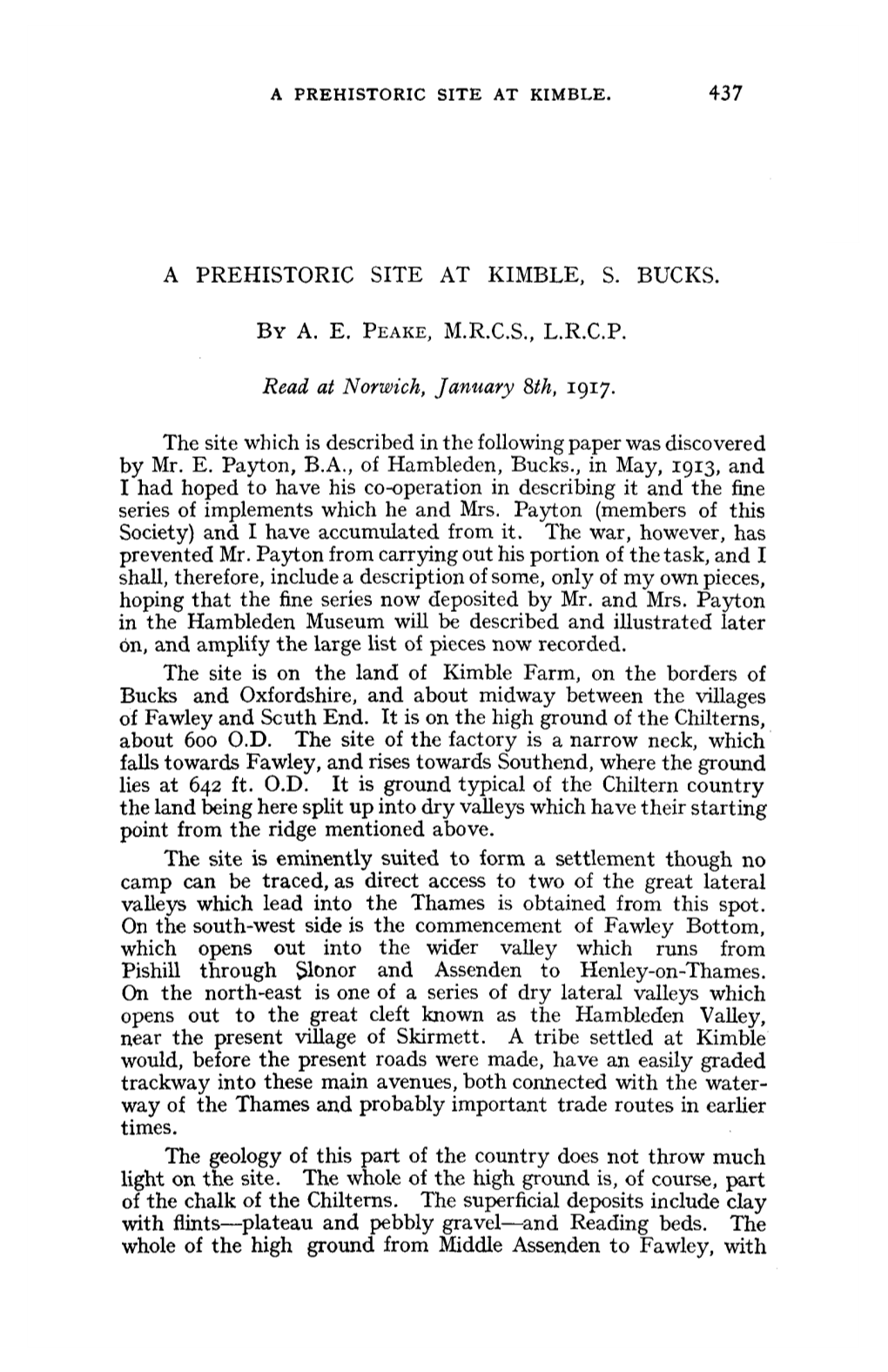 A Prehistoric Site at Kimble, S. Bucks. by A. E. Peake