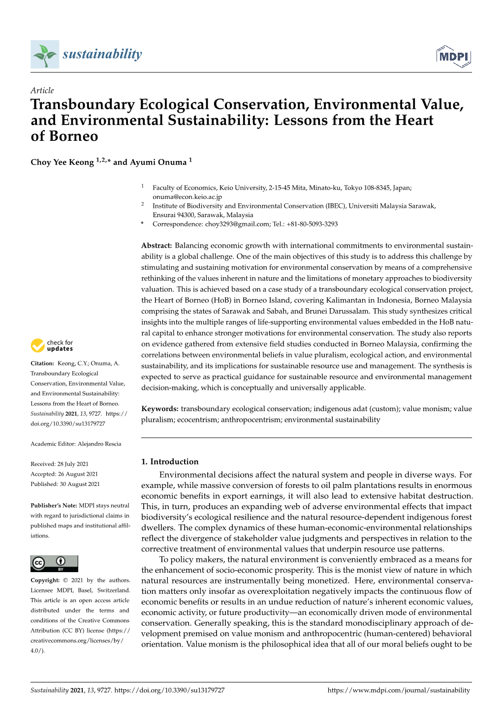 Transboundary Ecological Conservation, Environmental Value, and Environmental Sustainability: Lessons from the Heart of Borneo