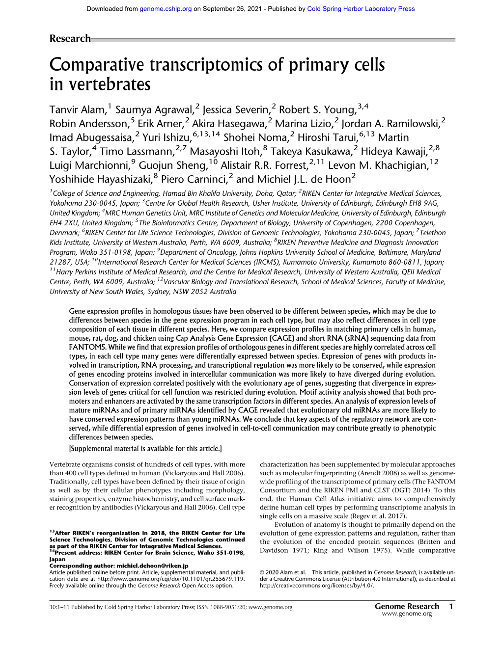 Comparative Transcriptomics of Primary Cells in Vertebrates