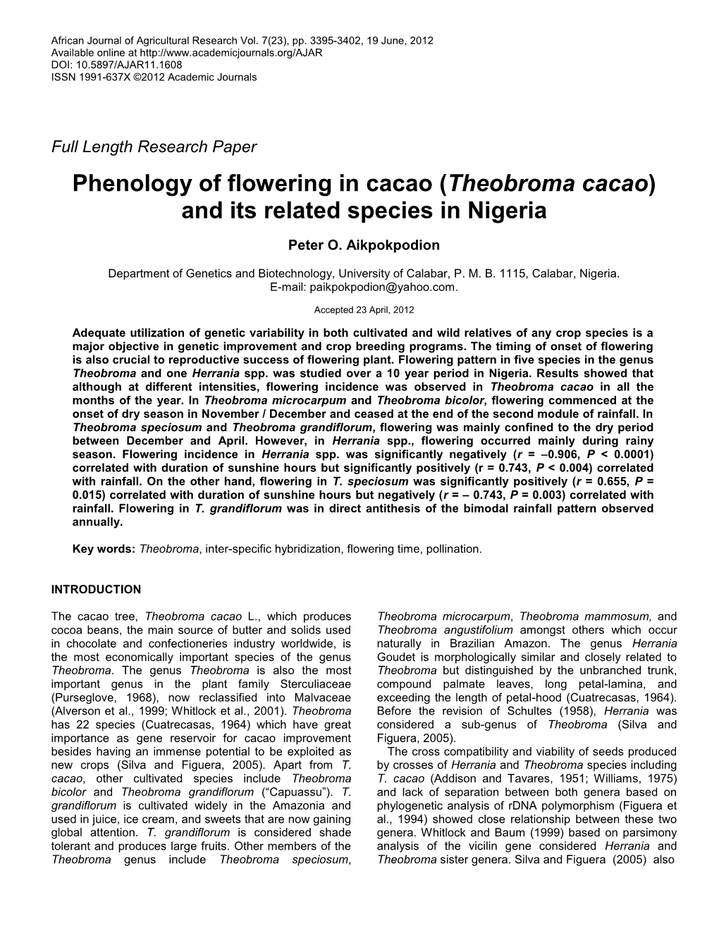 (Theobroma Cacao) and Its Related Species in Nigeria