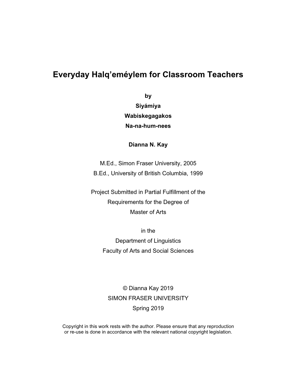 Everyday Halq'eméylem for Classroom Teachers