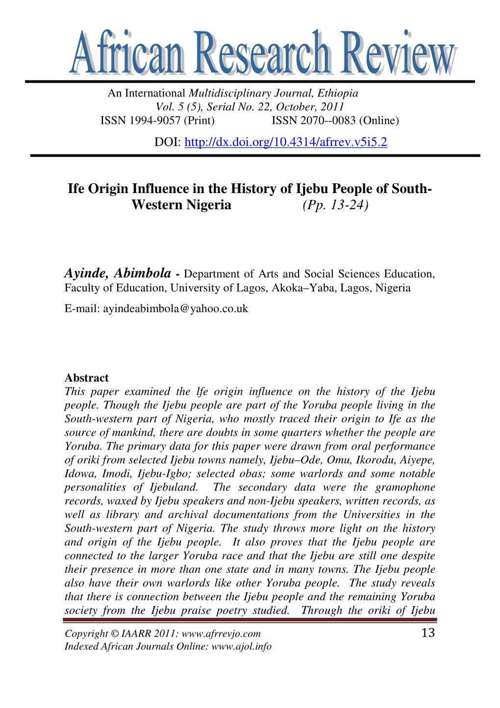 Ife Origin Influence in the History of Ijebu People of South- Western Nigeria (Pp