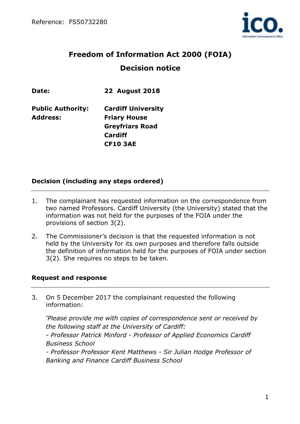 Freedom of Information Act 2000 (FOIA) Decision Notice