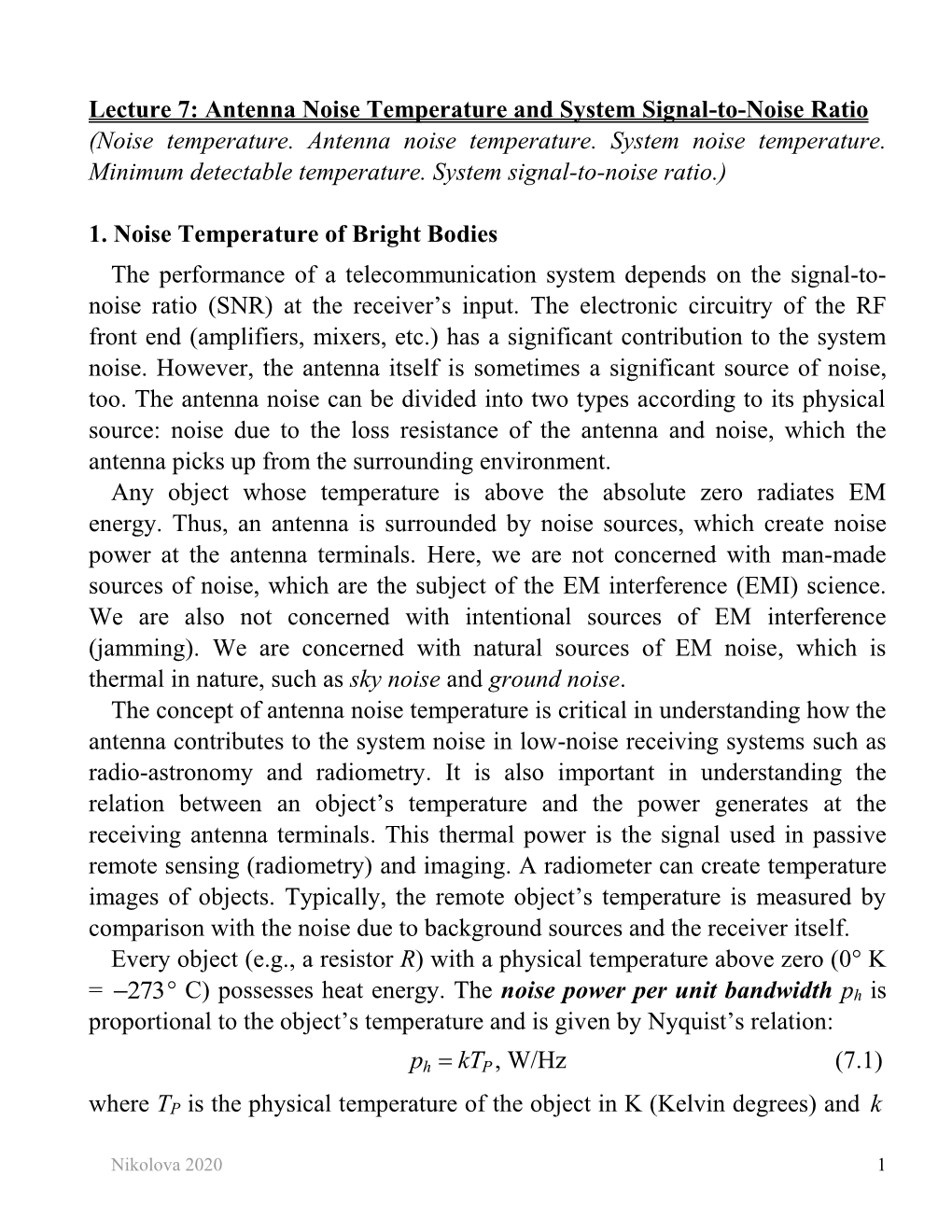 Antenna Noise Temperature and System Signal-To-Noise Ratio (Noise Temperature