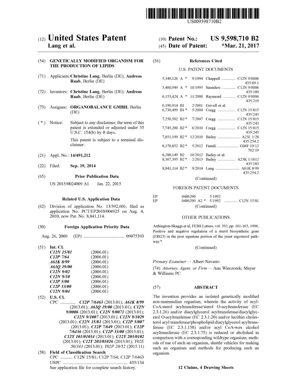 (12) United States Patent (10) Patent No.: US 9,598,710 B2 Lang Et Al