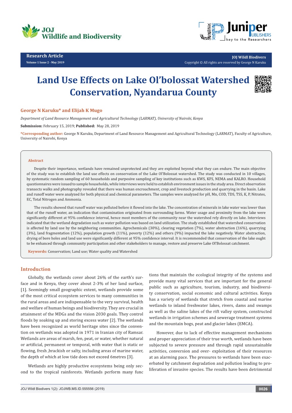 Land Use Effects on Lake Ol'bolossat Watershed Conservation