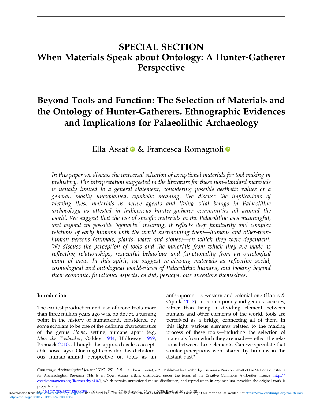 SPECIAL SECTION When Materials Speak About Ontology: a Hunter-Gatherer Perspective