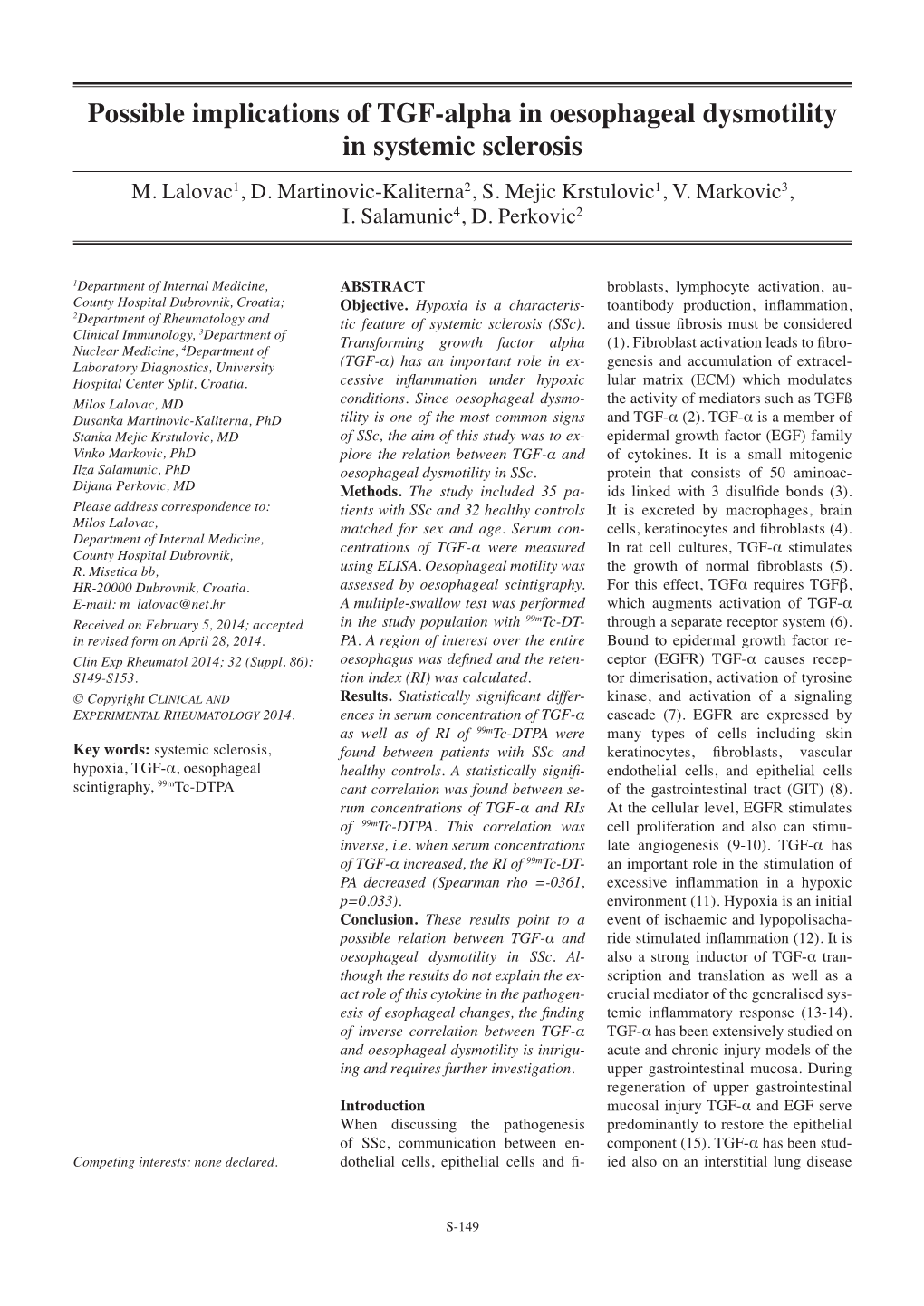 Possible Implications of TGF-Alpha in Oesophageal Dysmotility in Systemic Sclerosis M