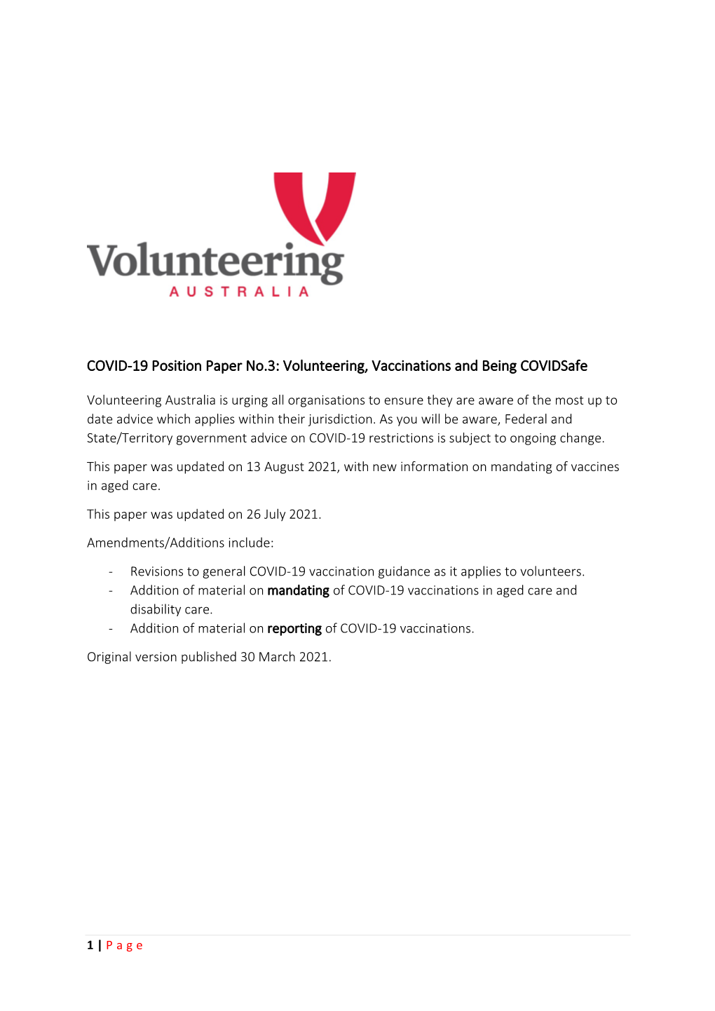 COVID-19 Position Paper No.3: Volunteering, Vaccinations and Being Covidsafe