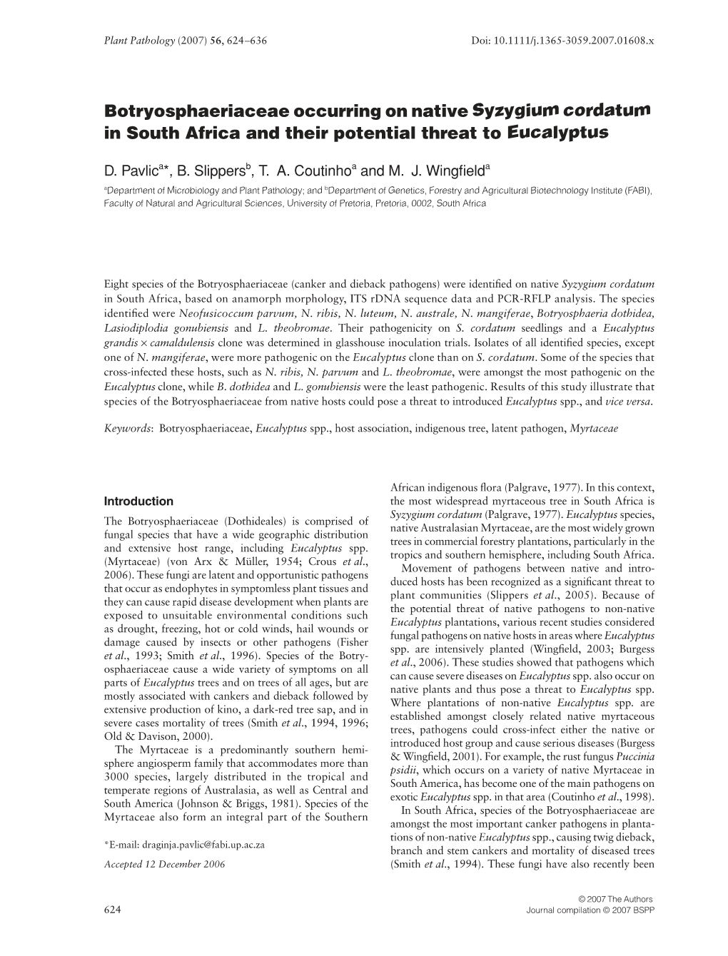 Botryosphaeriaceae Occurring on Native Syzygium Cordatum In