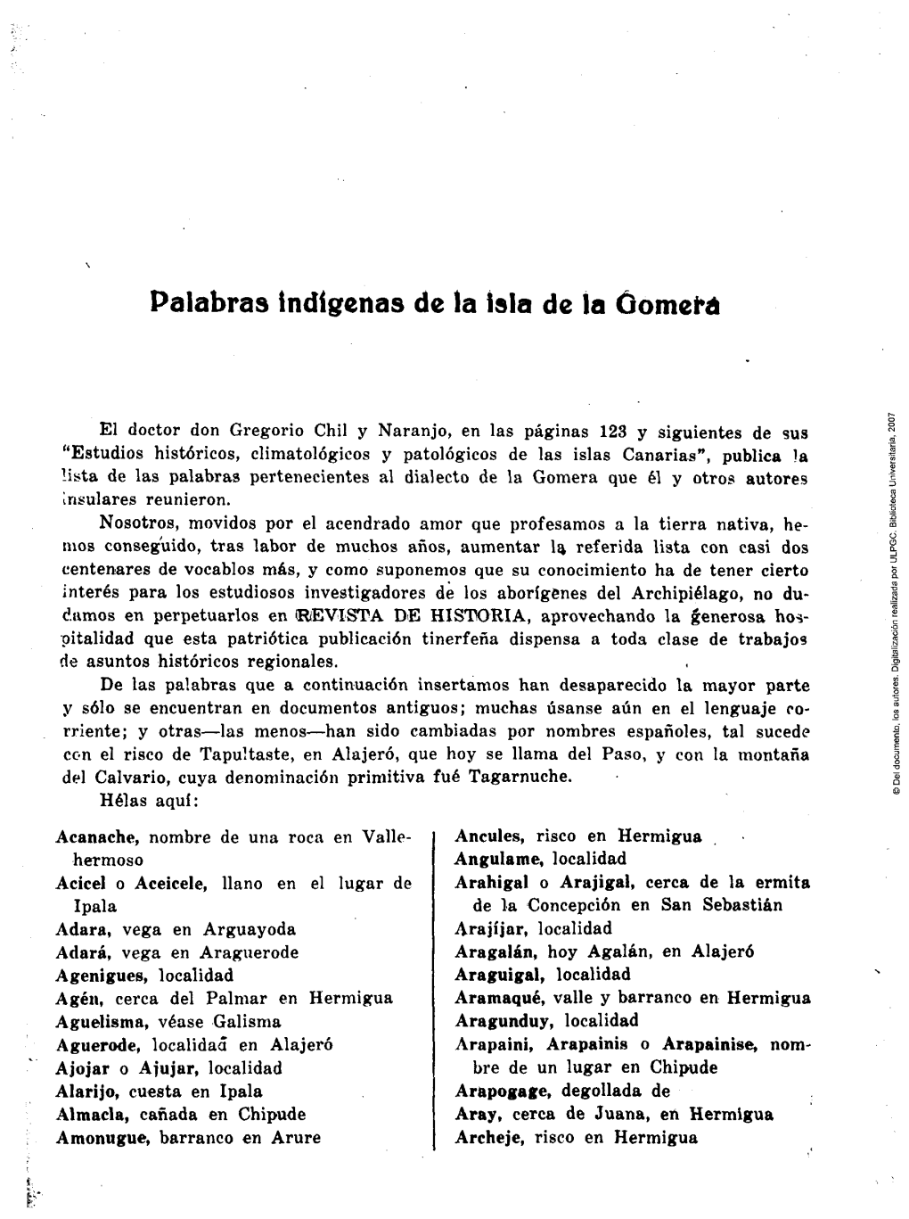 Palabras Indígenas De La Isla De La Gomera