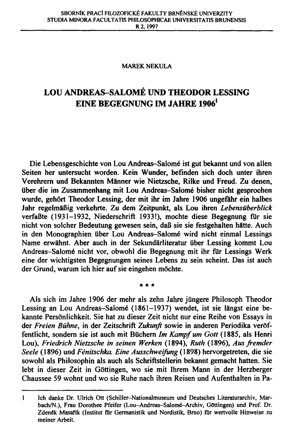 Lou Andreas-Salome Und Theodor Lessing Eine Begegnung Im Jahre 19061